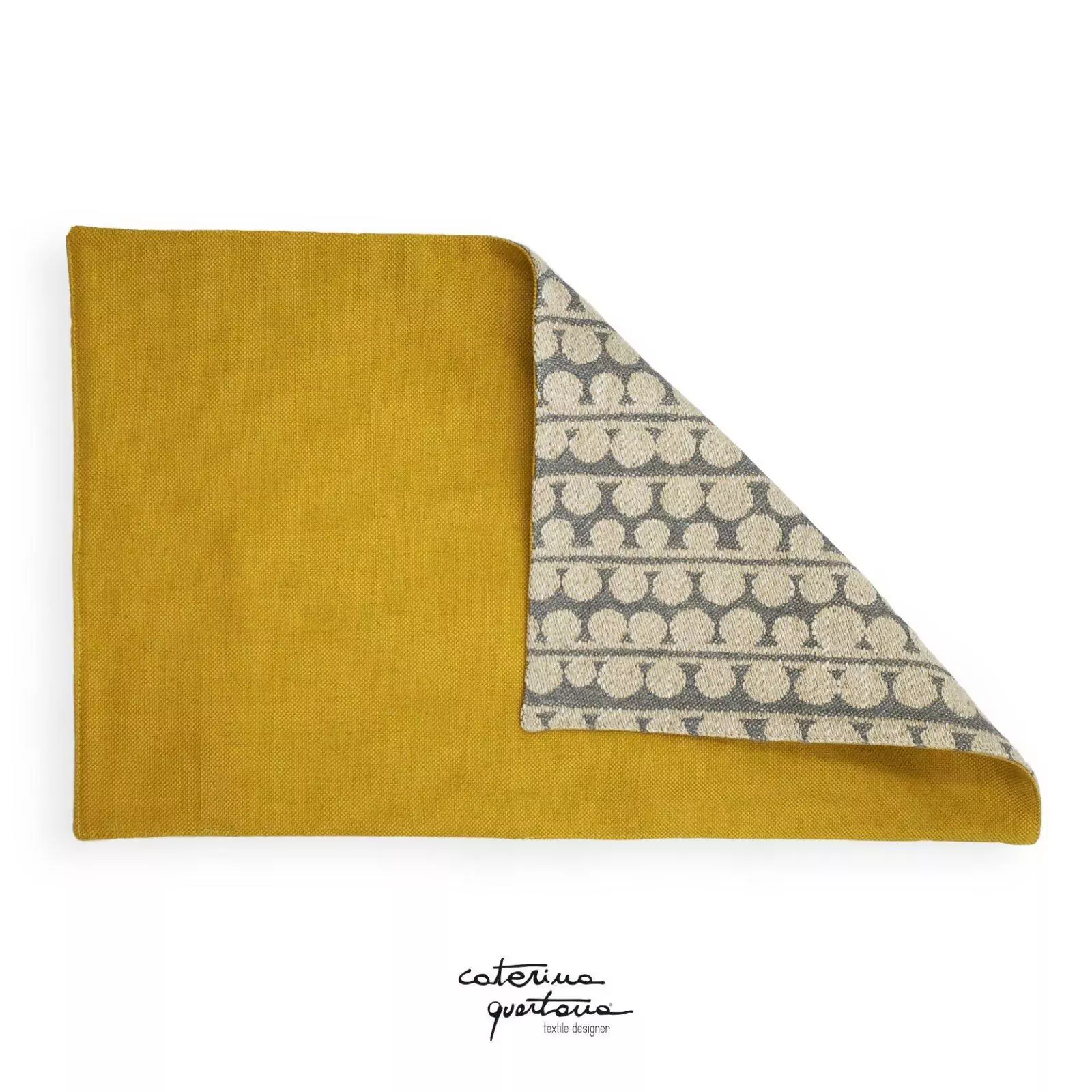 Tovaglietta in Lino disegno Bouclé colore grigio e giallo limone, con tasca giallo limone e canetè cammello - immagine 2