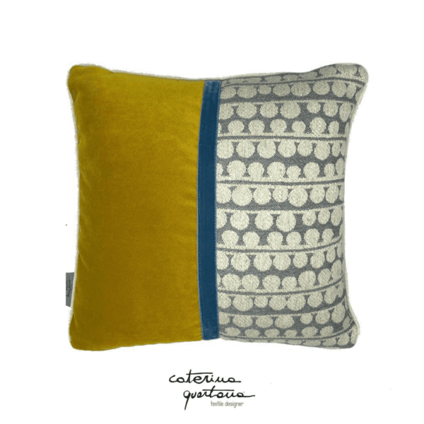 Linen cushion with Bouclé design, gray color, mustard yellow velvet, air force blue velvet ribbon