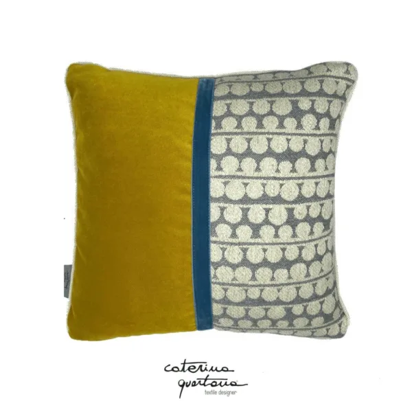 Linen cushion with Bouclé design, gray color, mustard yellow velvet, air force blue velvet ribbon