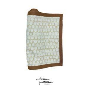 Striscia Decorativa in Lino disegno Bouclé color écru con bordo in canetè cammello