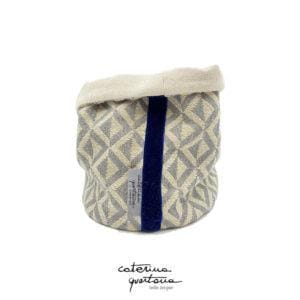 Cestino in Lino disegno Losanghe color grigio ed écru, velluto colore blu