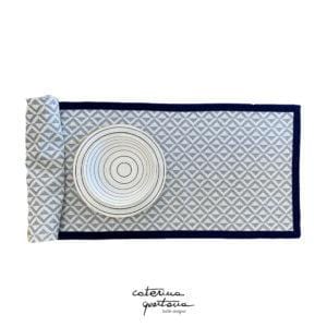 Striscia Decorativa in Lino disegno Losanghe colore grigio con velluto colore blu notte