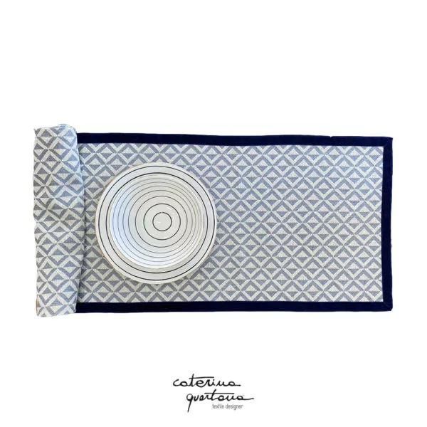 Striscia Decorativa in Lino disegno Losanghe colore grigio con velluto colore blu notte