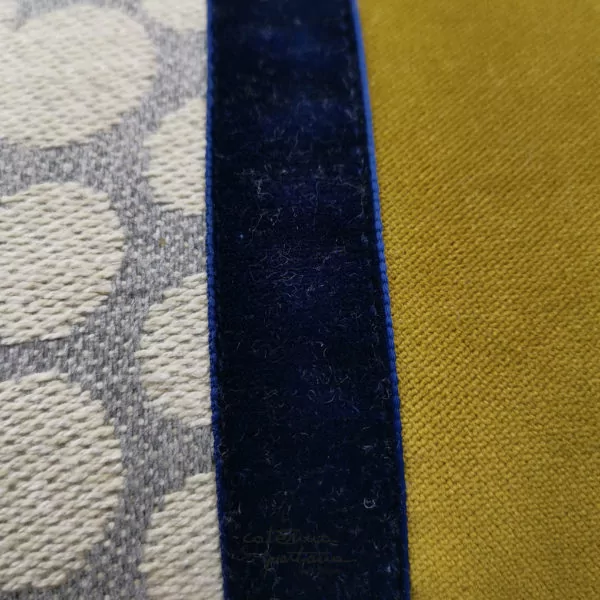 Gray linen cushion with Bouclé design, mustard velvet and blue velvet ribbon - Image 2