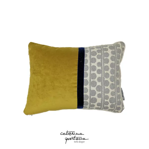 Gray linen cushion with Bouclé design, mustard velvet and blue velvet ribbon