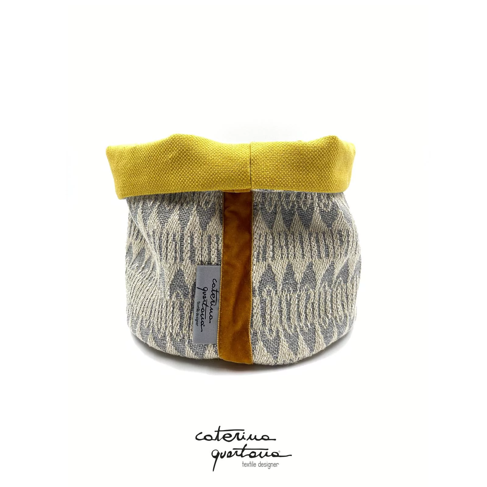 Cestino in Lino disegno Frisée colore grigio e giallo limone, velluto colore ambra
