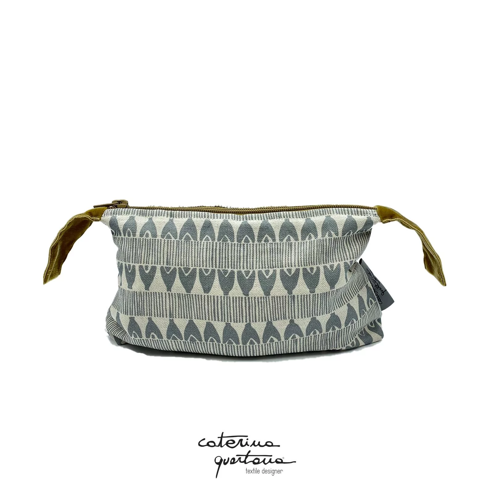 Linen pochette with gray Frisée design and gold velvet