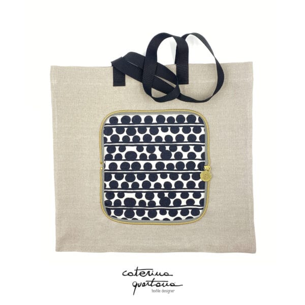 Shopping Bag in lino naturale stampato in colore nero design Bouclè