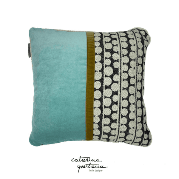 Linen cushion with Bouclé design in ecru and black combined with aqua and gold velvet