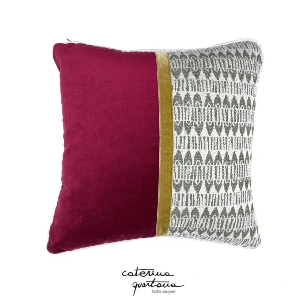 Ecru and forest green Frisée design linen cushion combined with burgundy and gold velvet