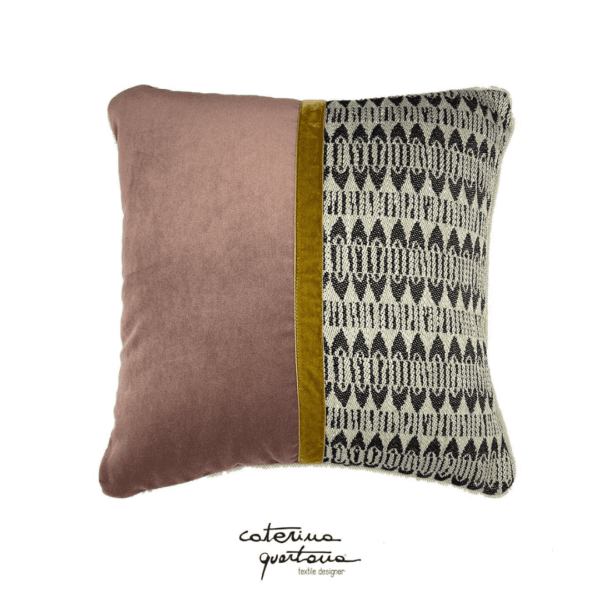 Ecru and black Frisée design linen cushion combined with antique pink and gold velvet