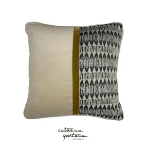 Ecru and black Frisée design linen cushion combined with natural and gold velvet