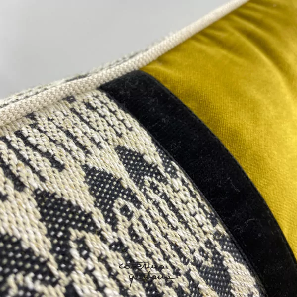 Ecru and black Frisée design linen cushion combined with gold and black velvet - Image 2
