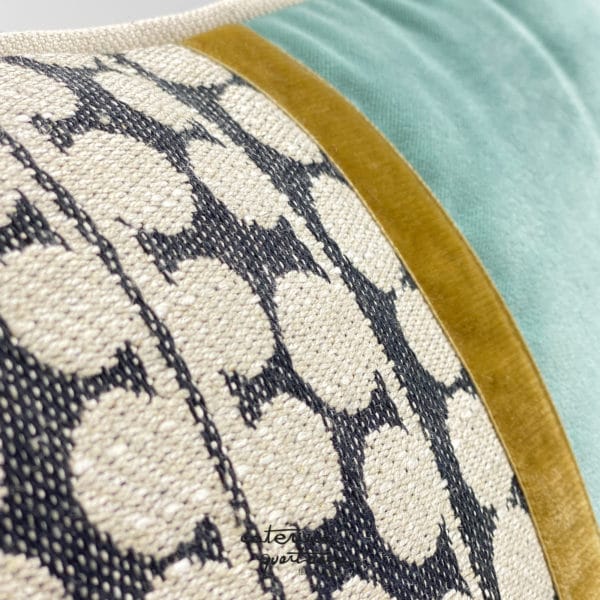 Linen cushion with Bouclé design in ecru and black combined with aqua and gold velvet - Image 2