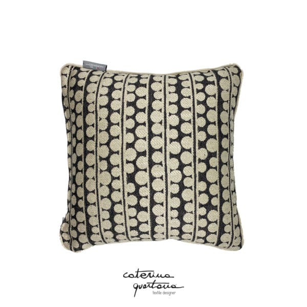 Linen cushion with Bouclé design in ecru and black combined with aqua and gold velvet - Image 3