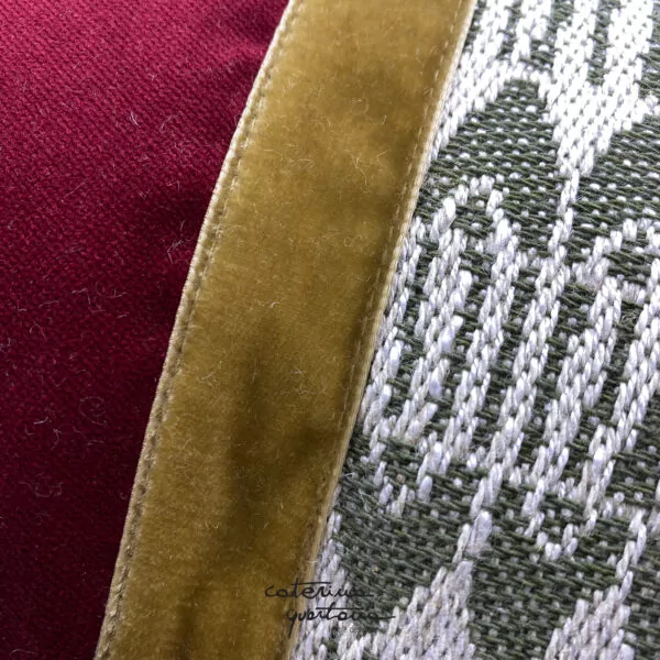 Ecru and forest green Frisée design linen cushion combined with burgundy and gold velvet - Image 2