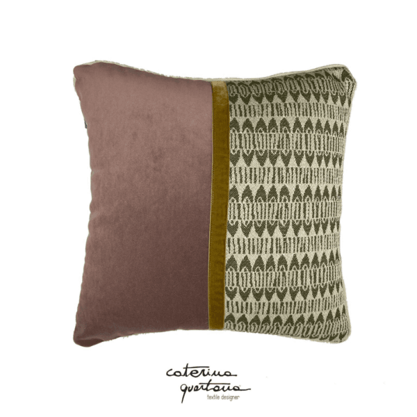 Ecru and forest green Frisée design linen cushion combined with antique pink and gold velvet