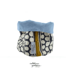 Linen basket with Bouclè design, black and air force blue, gold colored velvet ribbon
