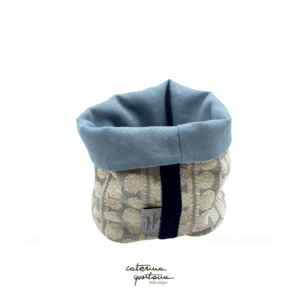 Linen basket with Bouclè design, gray and air force blue, velvet ribbon in midnight blue