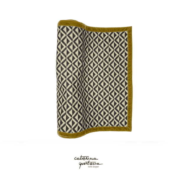 Decorative Strip in Linen with black lozenges design, with gold-colored velvet border
