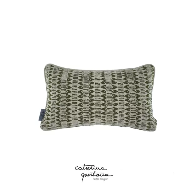Cuscino in lino disegno Losanghe grigio e Frisée verde, velluto tortora e nastro in velluto color verde bosco - immagine 2