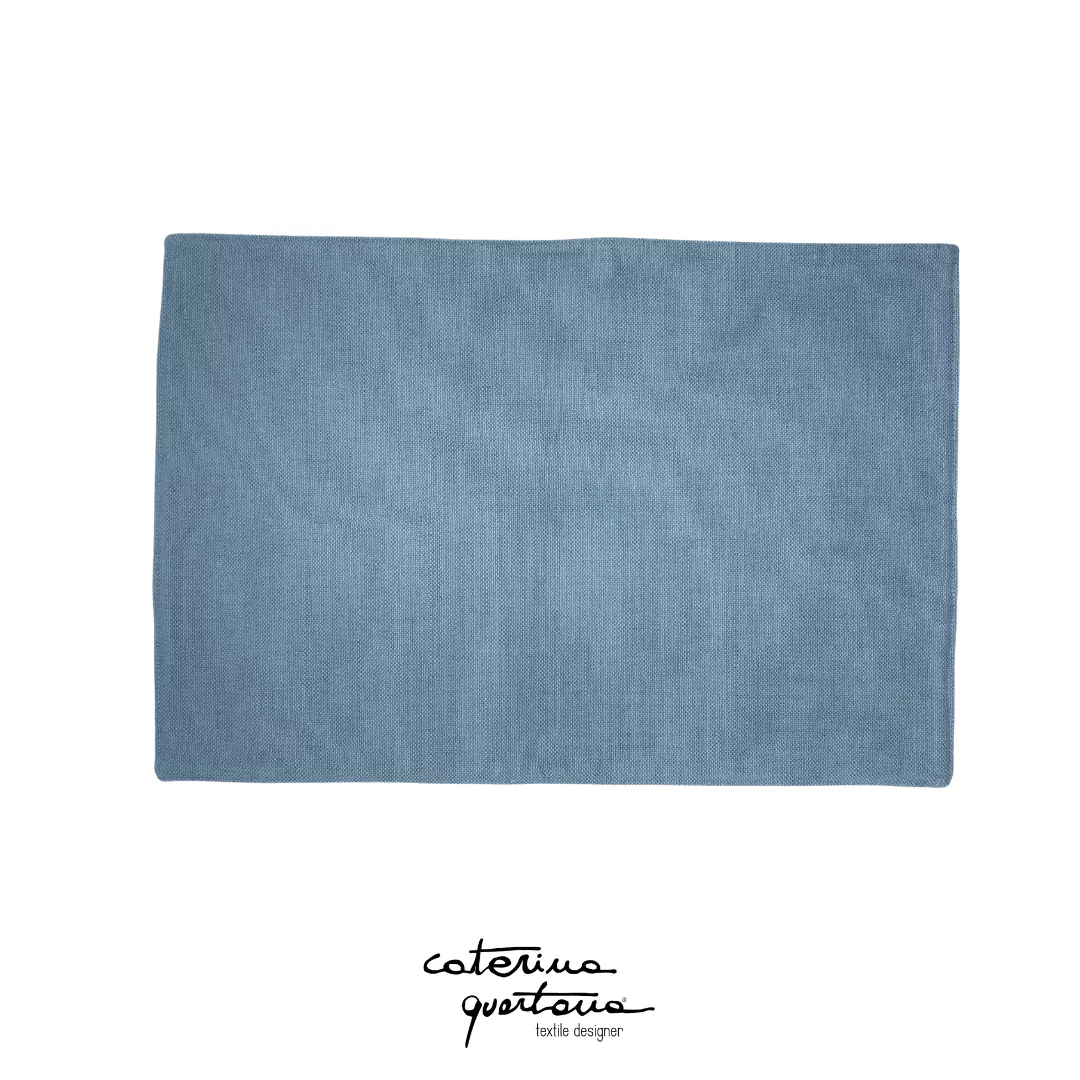 Tovaglietta in Lino disegno Bouclè color biscotto e avio, con tasca color avio e canetè color panna - immagine 2