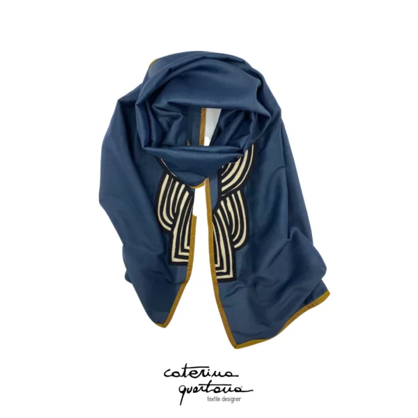Sciarpa Stola in Seta Cotone color blu navy bordata in canetè color oro