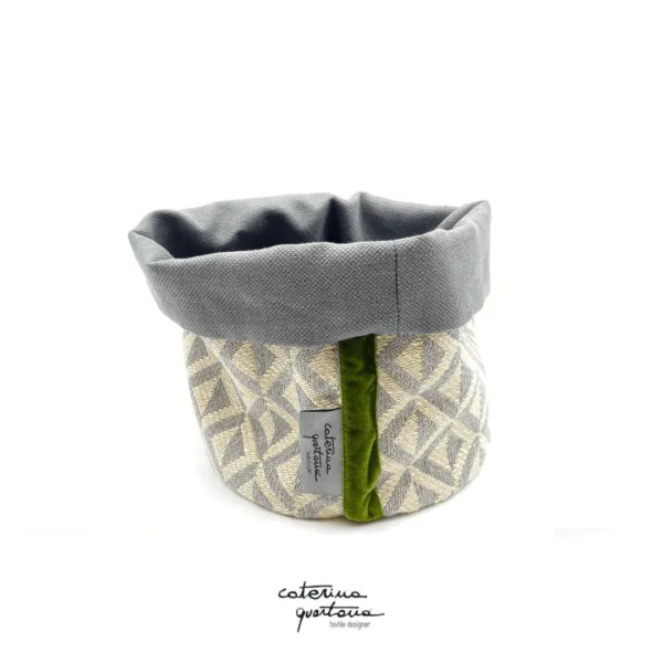 Linen basket with lozenges design, gray and ecru, forest green velvet ribbon