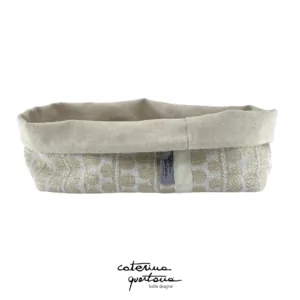 Cestino rettangolare in Lino disegno Bouclè, color écru, nastro in canetè color panna