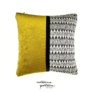 Ecru and black Frisée design linen cushion combined with gold and black velvet