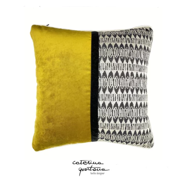 Ecru and black Frisée design linen cushion combined with gold and black velvet