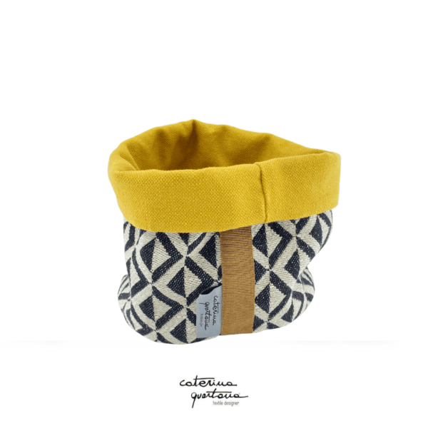 Linen basket with lozenges design, black and mustard yellow, camel-colored canetè ribbon