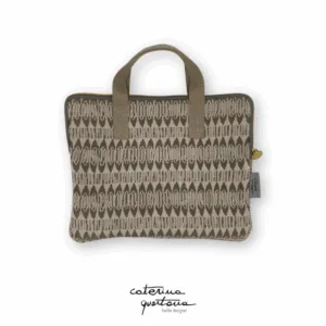 Borsa porta PC in tessuto disegno Frisée colore tortora, con manico in corda e dettagli dorati