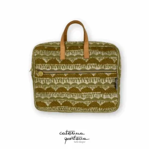 Borsa porta PC in tessuto disegno Tissage colore bisso, con manico in cuoio e dettagli dorati