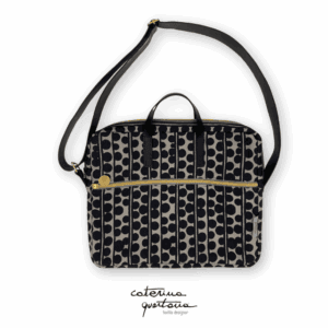 Borsa porta PC in Lino disegno Bouclé colore nero e grigio, con manico e tracolla in cuoio colore nero e dettagli dorati