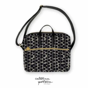 Borsa porta PC in Lino disegno Bouclé colore nero e grigio, con manico e tracolla in cuoio colore nero e dettagli dorati