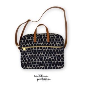 Borsa porta PC in Lino disegno Bouclé colore nero e grigio, con manico e tracolla in cuoio e dettagli dorati