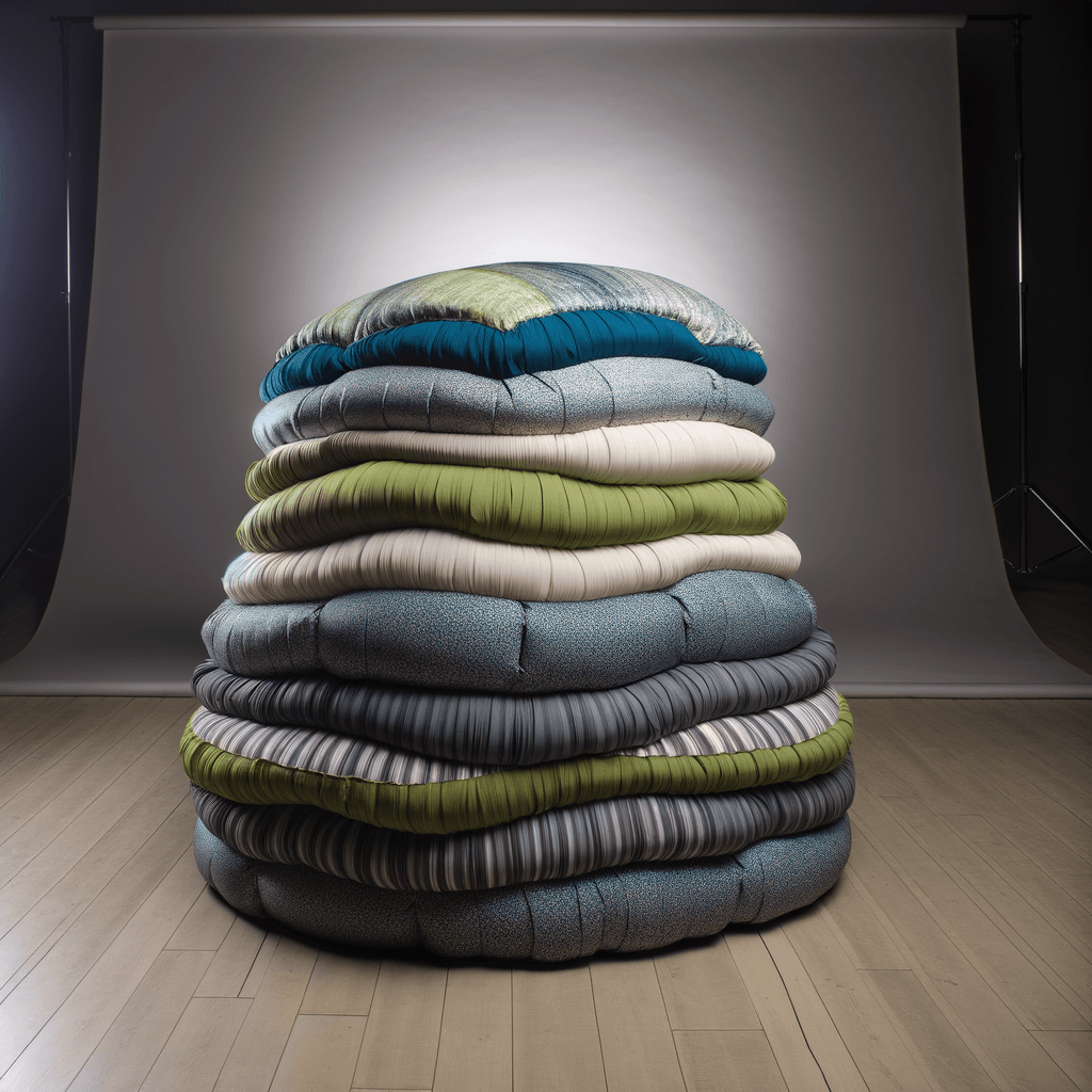 Pouf Multistrato: Design Tessile a Più Livelli - Scopri la nuova estetica dei pouf costruiti con strati di tessuti sovrapposti per un effetto volumetrico e artistico.